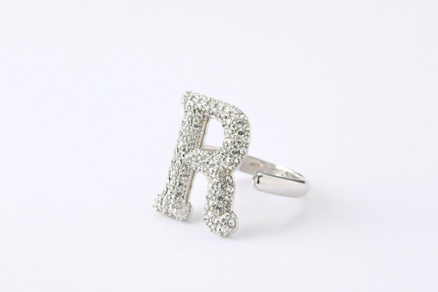 Alphabet Ring Initial  R Swarovski Crystals Free Size Sterling Silver 925 Rhodium Plated