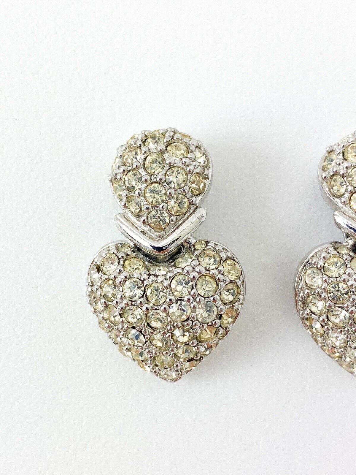 Christian Dior Boutique Vintage Silver Tone Heart Drop Earrings Rhinestones