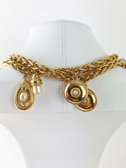 Bijoux Givenchy Paris New York Vintage Gold Tone Multi-Charm Necklace Faux Pearl