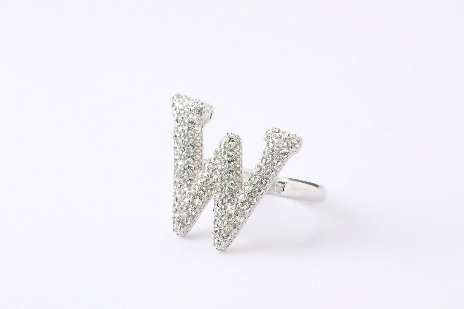 Alphabet Ring Initial W Swarovski Crystals Free Size Sterling Silver 925 Rhodium Plated
