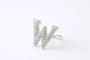 Alphabet Ring Initial W Swarovski Crystals Free Size Sterling Silver 925 Rhodium Plated