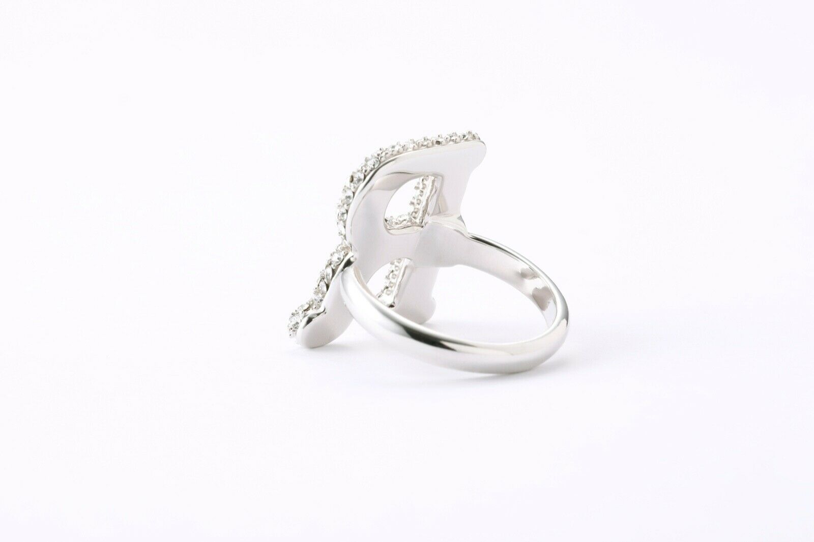 Alphabet Ring Initial  R Swarovski Crystals Free Size Sterling Silver 925 Rhodium Plated