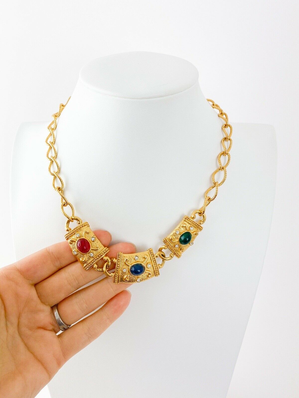 Avon Vintage Gold Tone Chain Necklace Multi-color Cabochon Charm