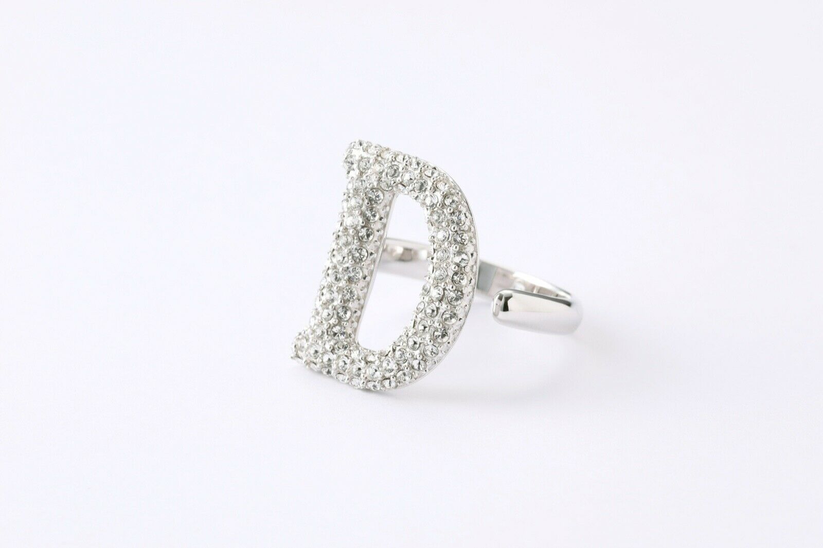 Alphabet Ring Initial  D Swarovski Crystals Free Size Sterling Silver 925 Rhodium Plated