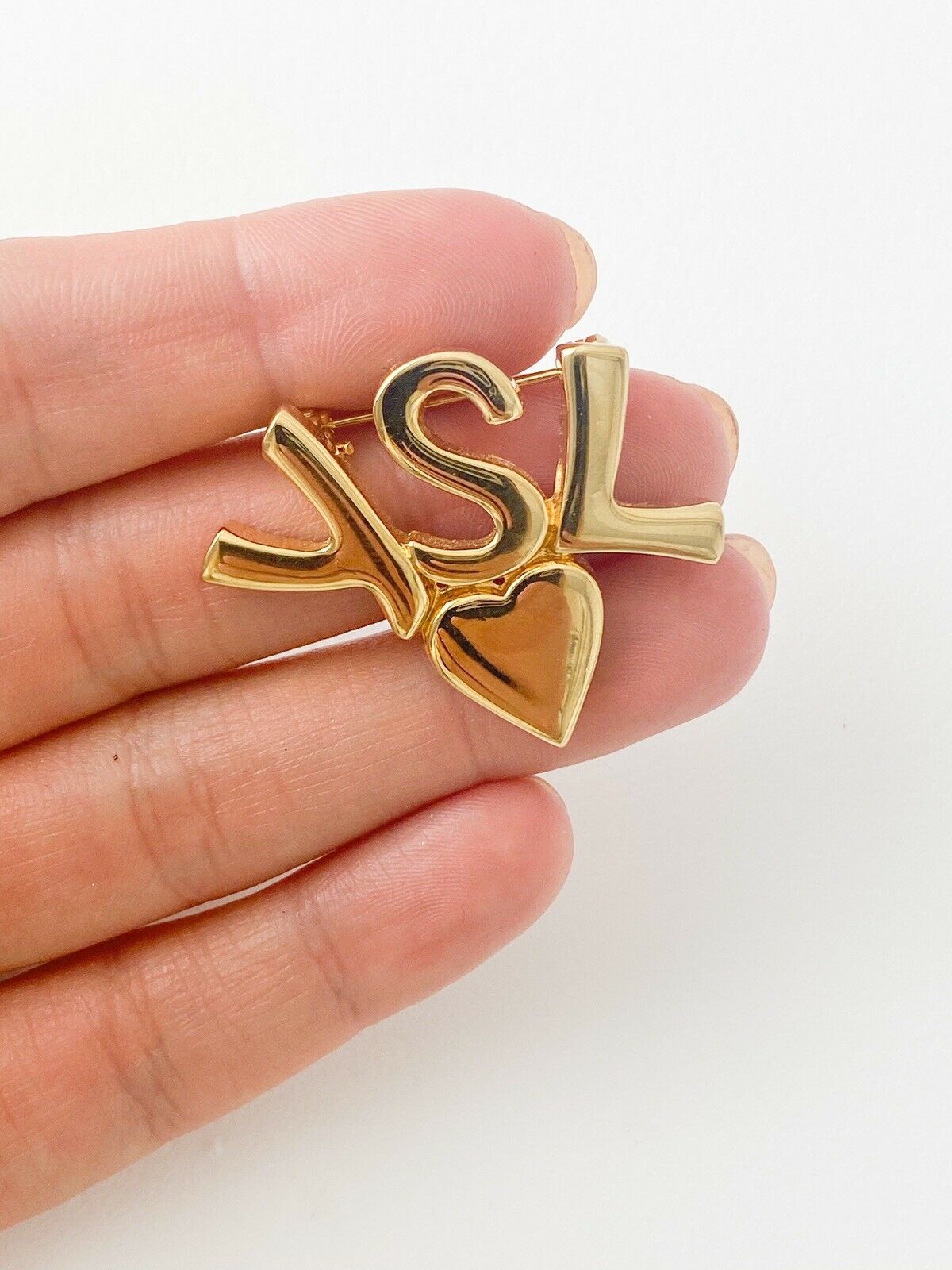 YSL Yves Saint Laurent Vintage Gold Tone YSL Logo Heart Brooch Pin