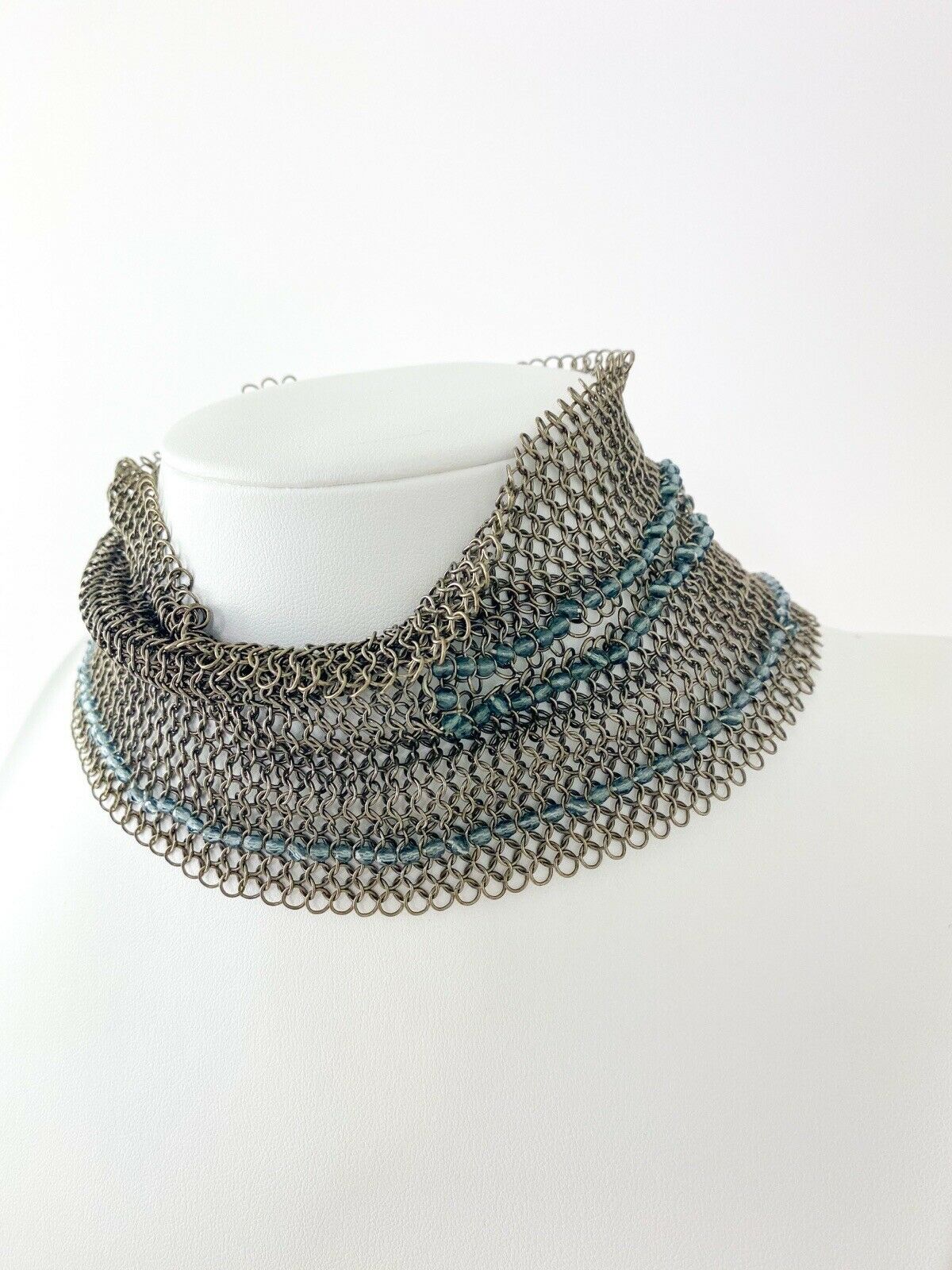 CHANEL Silver Tone Metallic Massive Choker Collar Necklace Beads Made in France