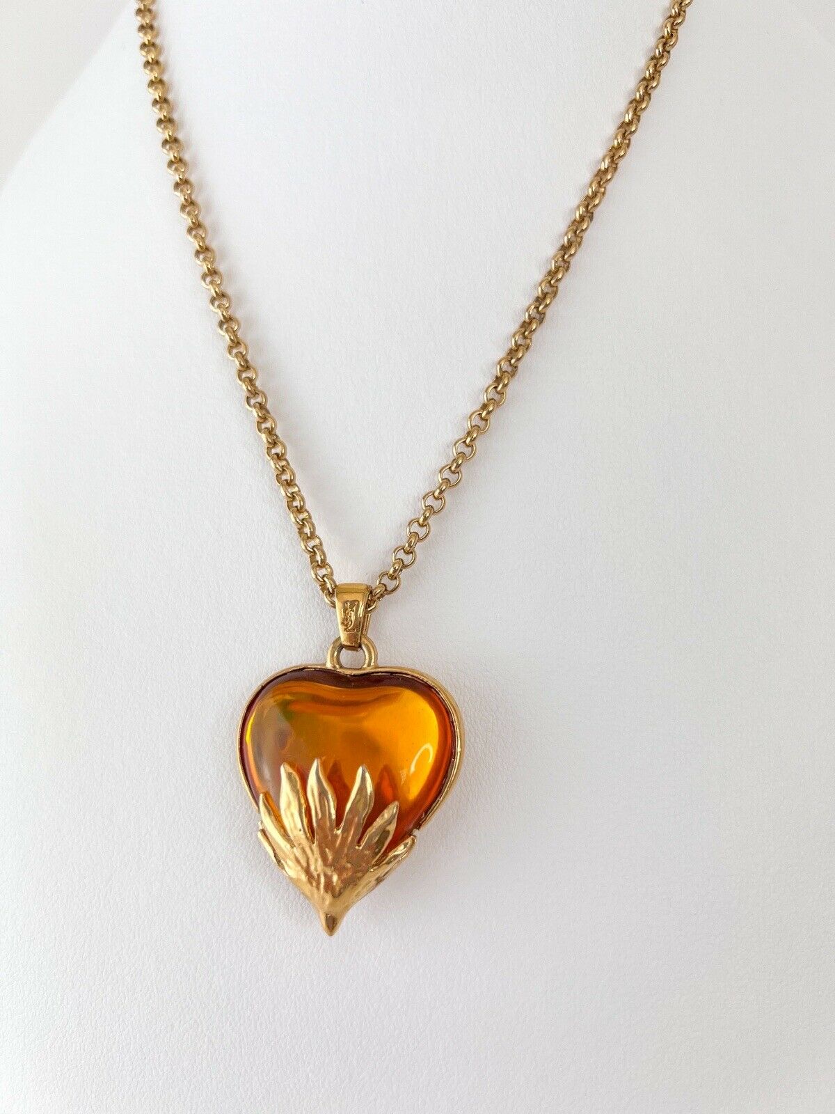【SOLD OUT】YSL Yves Saint Laurent Vintage Gold Tone Heart Necklace Amber Cabochon