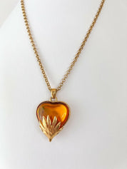 【SOLD OUT】YSL Yves Saint Laurent Vintage Gold Tone Heart Necklace Amber Cabochon