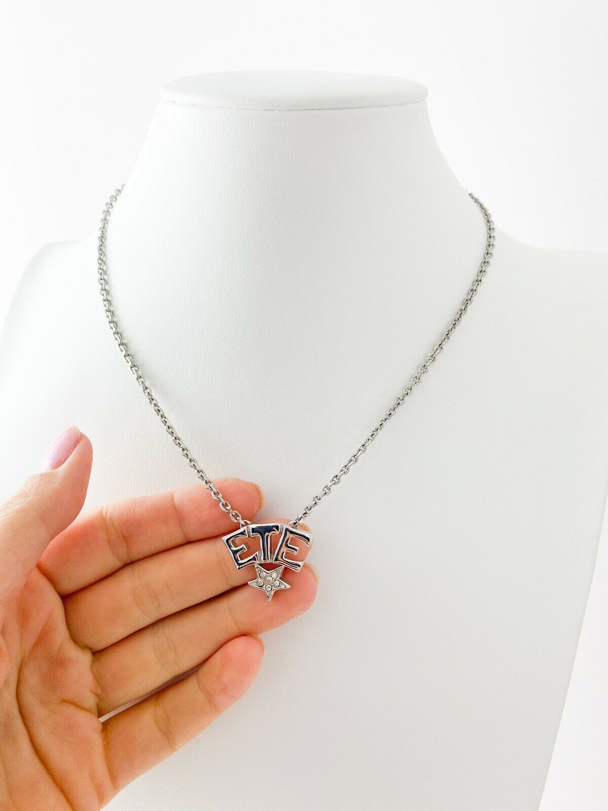 【SOLD OUT】YSL Yves Saint Laurent Vintage Silver Tone Star ETE Necklace Rhinestone