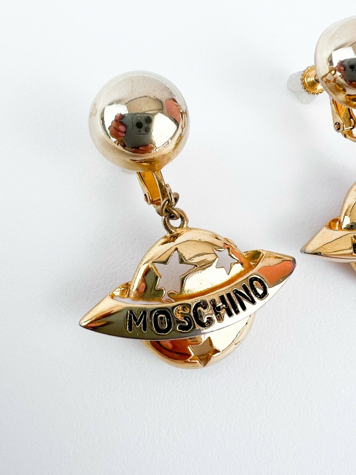 Moschino Vintage Star Saturn Planet Dangle Earrings Gold Tone Logo