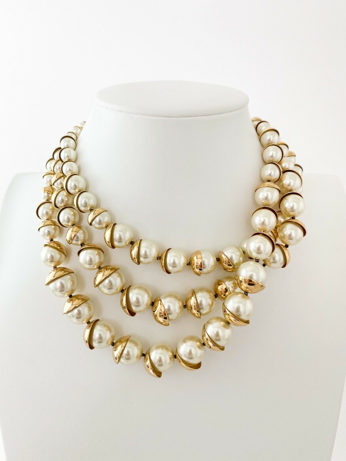 Christian Dior Mise en Dior Vintage Gold Tone Multi-Strand Necklace Faux Pearl