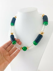YSL Yves Saint Laurent Vintage Gold Tone Link Necklace Emerald Green Black