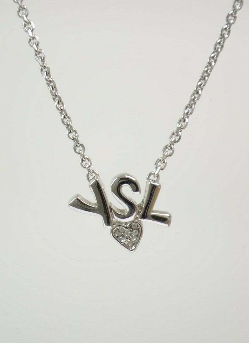 YSL Yves Saint Laurent Silver Tone Logo Heart Rhinestone Pendant Necklace Vintage