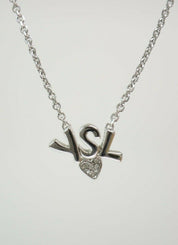 YSL Yves Saint Laurent Silver Tone Logo Heart Rhinestone Pendant Necklace Vintage