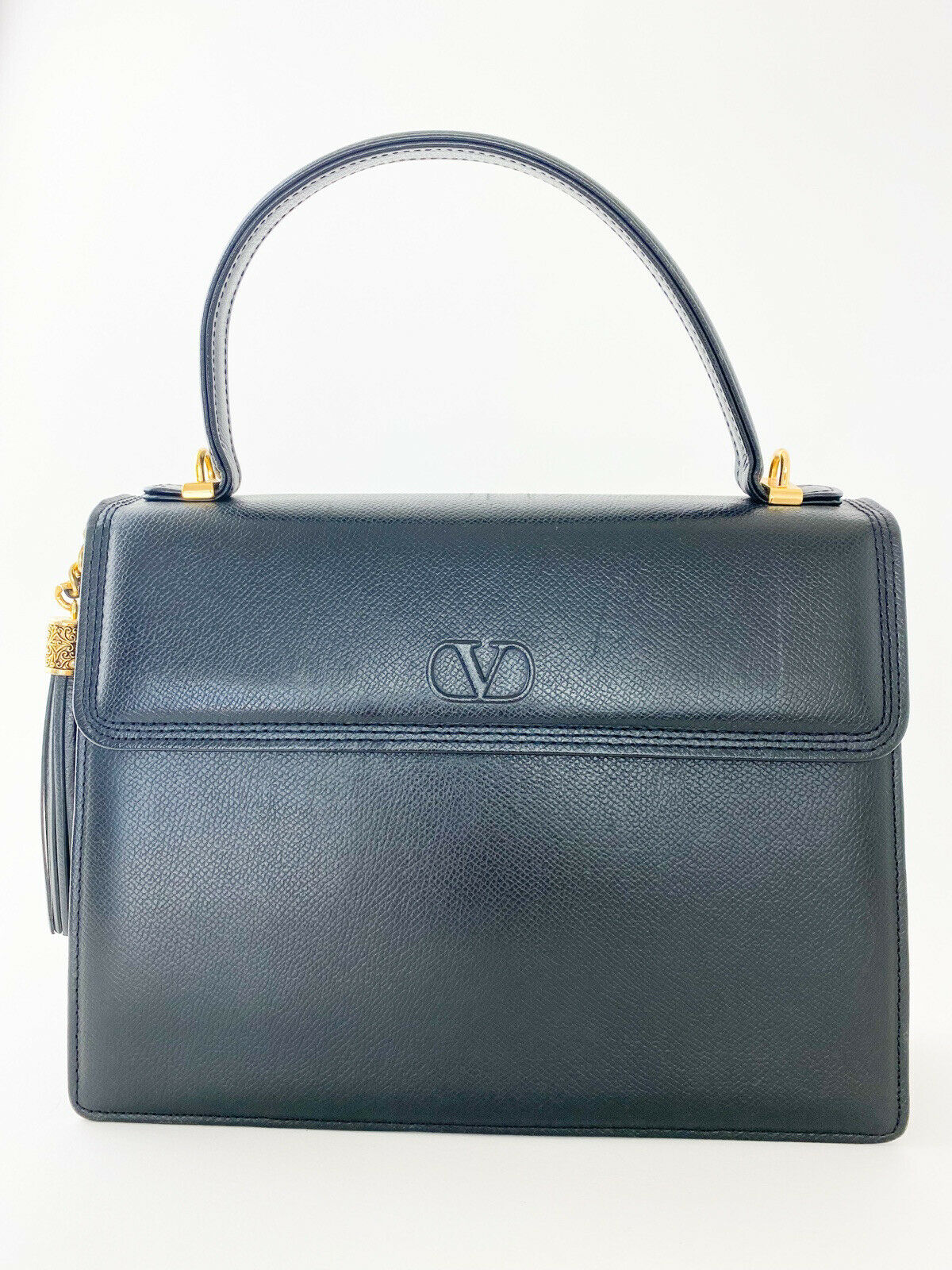 Valentino Garvani Leather Top Handle Handbag Black Tassel Fringe Vintage