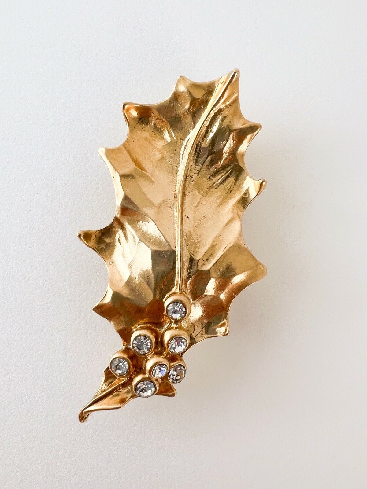 YSL Yves Saint Laurent Vintage Leaf Brooch Pin Pendant 2 Ways Rhinestones Gold Tone