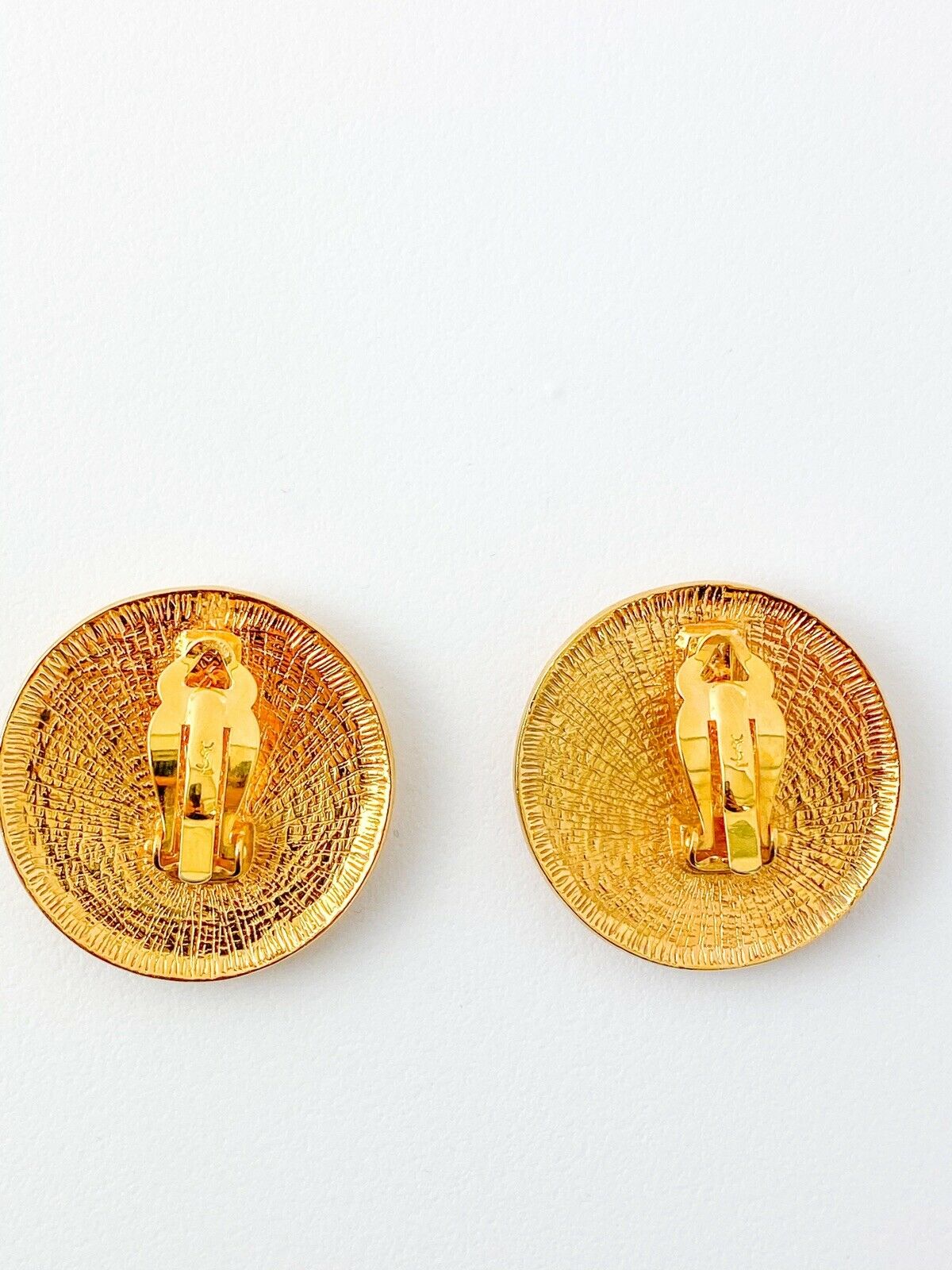 YSL Yves Saint Laurent Vintage Gold Tone Medal Earrings Logo Music Note