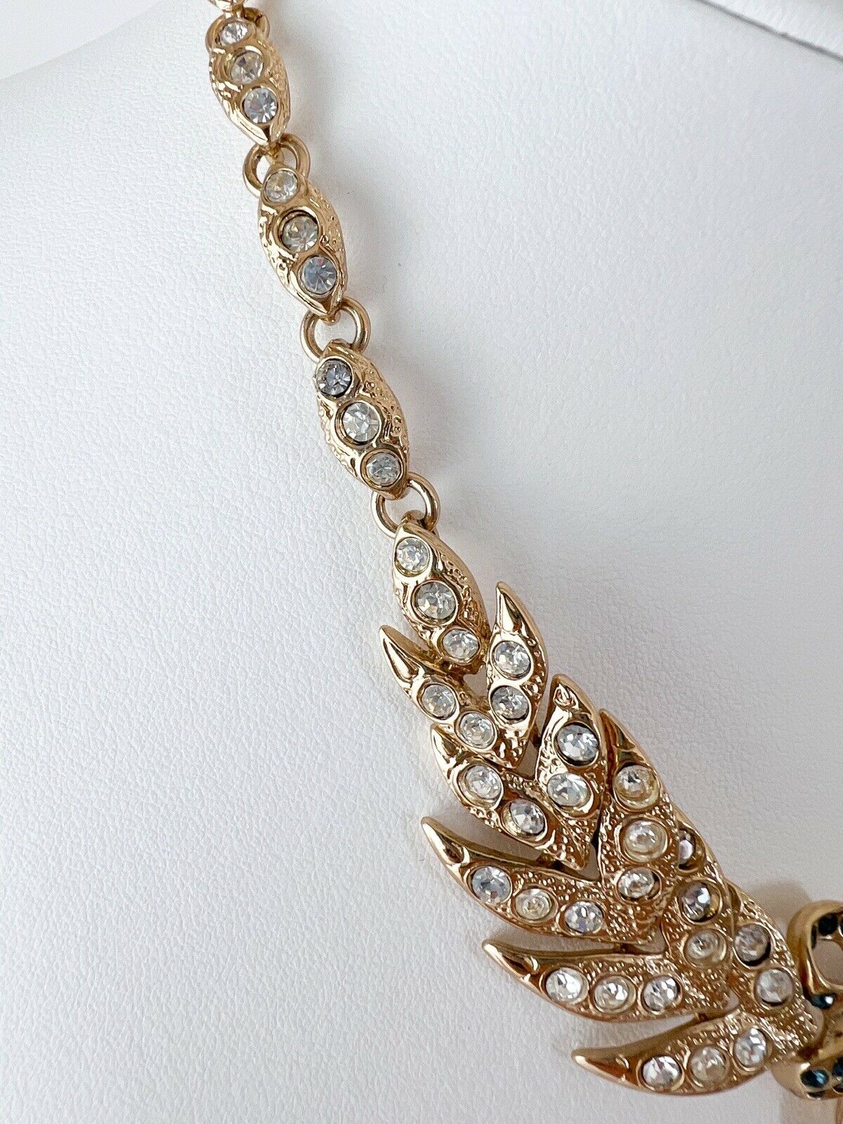 YSL Yves Saint Laurent Gold Tone Bow Leaf Rhinestone Necklace Vintage Made in France