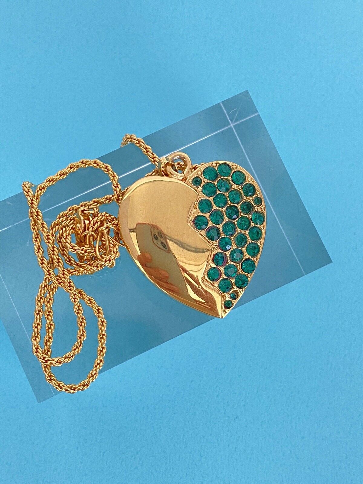 YSL Yves Saint Laurent Gold Tone Broken Heart Pendant Necklace Vintage Rhinestones Emerald Green