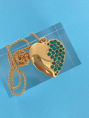 YSL Yves Saint Laurent Gold Tone Broken Heart Pendant Necklace Vintage Rhinestones Emerald Green