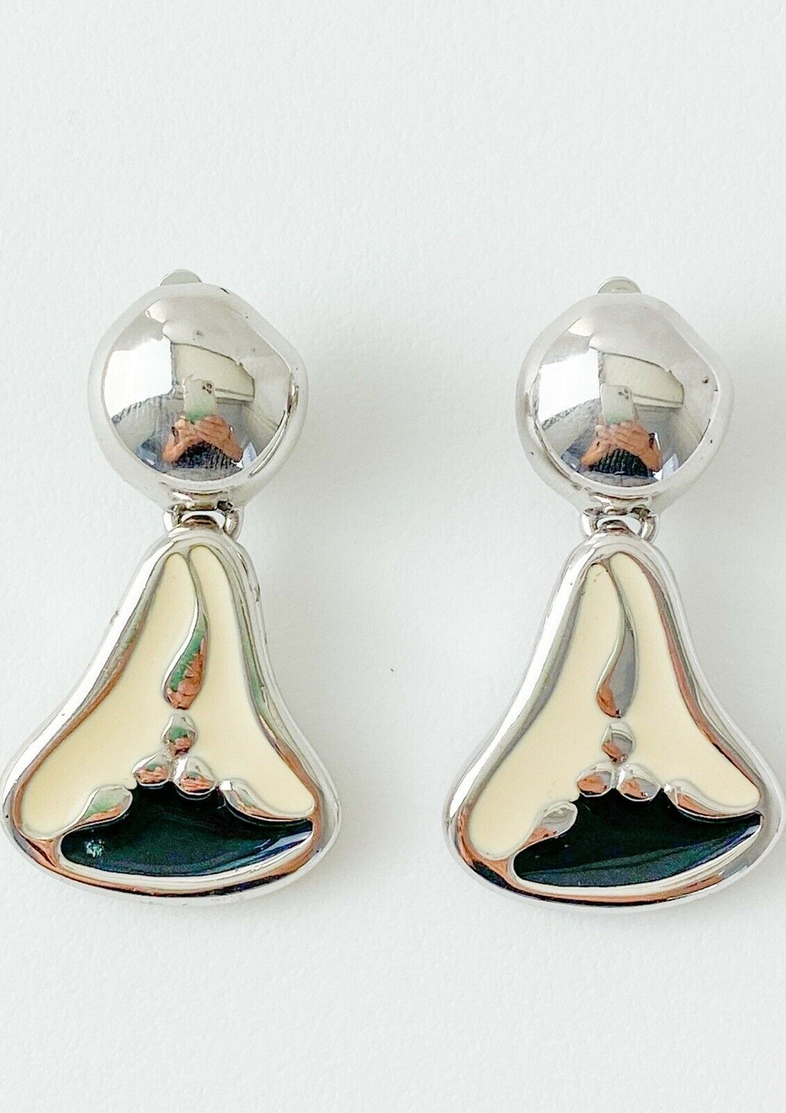 Givenchy Paris Silver Tone Dangle Earrings Vintage Enamel Black