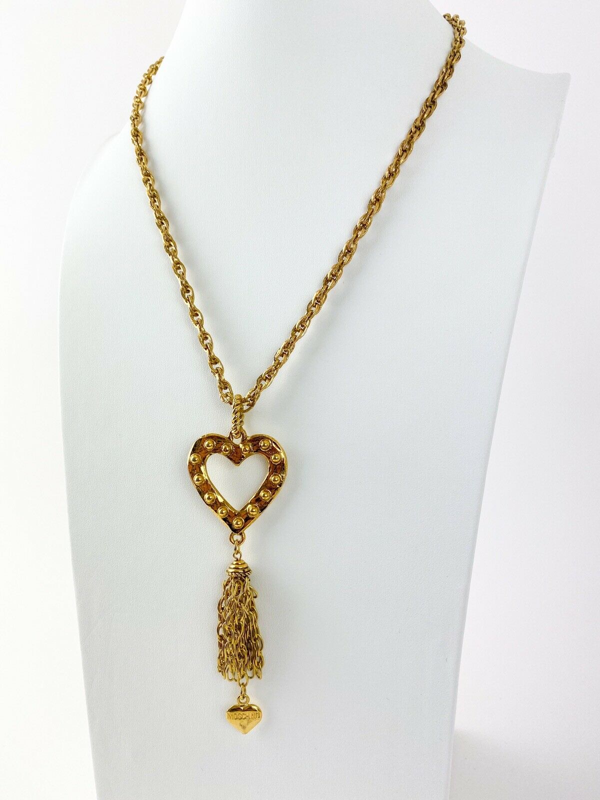 Moschino Vintage Gold Tone Openwork Heart Long Necklace Chain Fringe