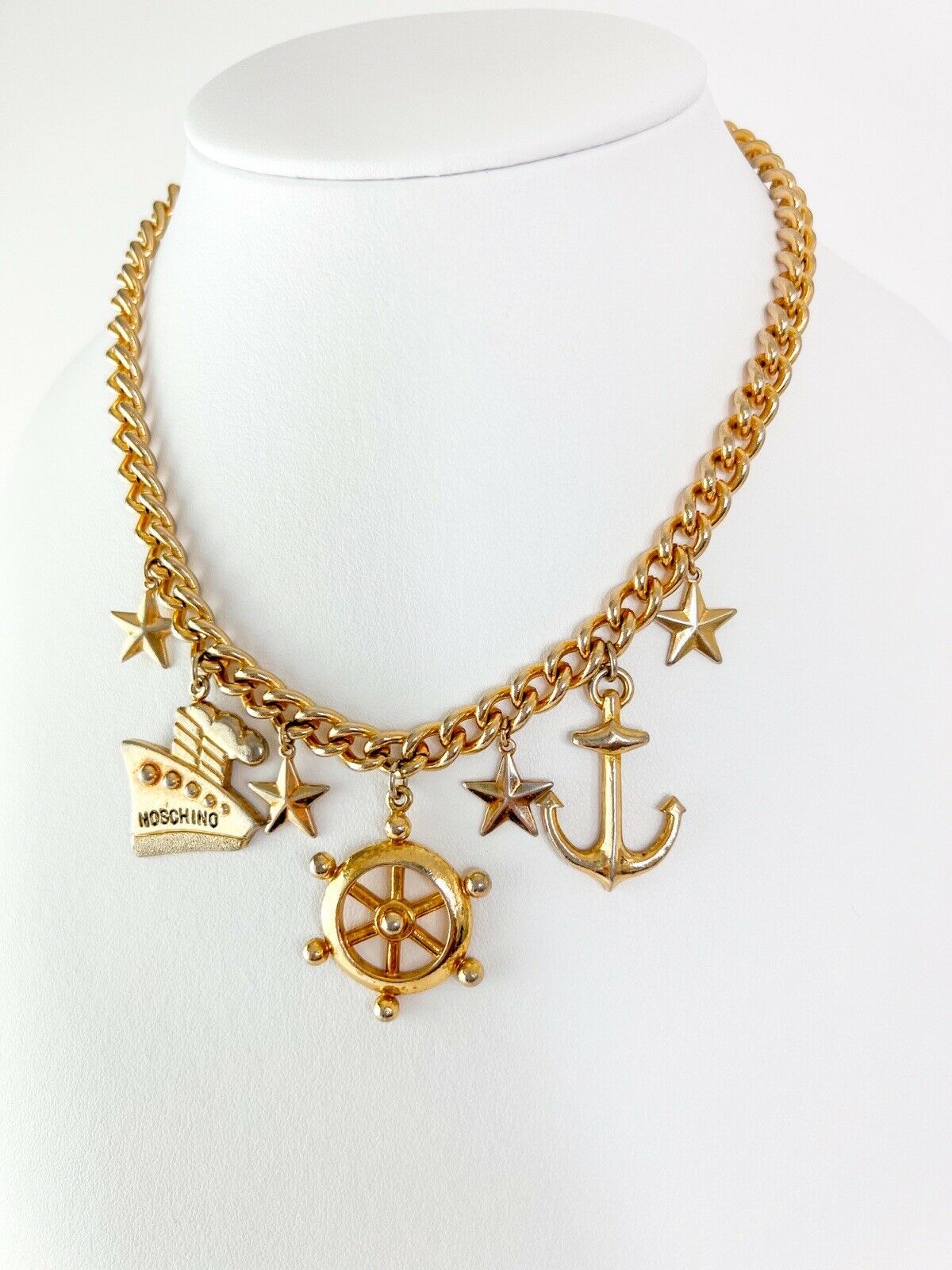 【SOLD OUT】Moschino Vintage Gold Tone Multi-Charm Chain Necklace Ship Anchor