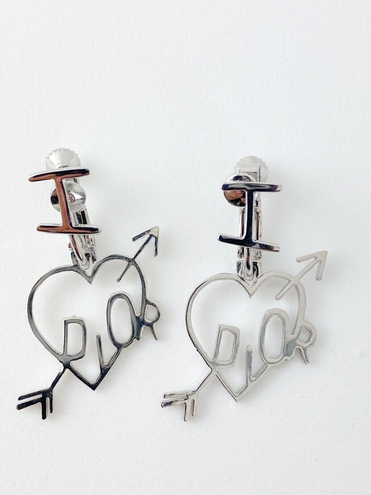 Christian Dior Vintage Silver Tone I Love Dior Earrings Dangling Heart