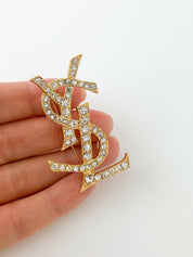 【SOLD OUT】YSL Yves Saint Laurent Vintage Gold Tone Logo Brooch Pin Rhinestones Collector Item