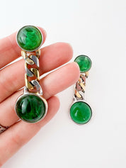 Vintage Dangling Earrings Chain Cabochon Emerald Green