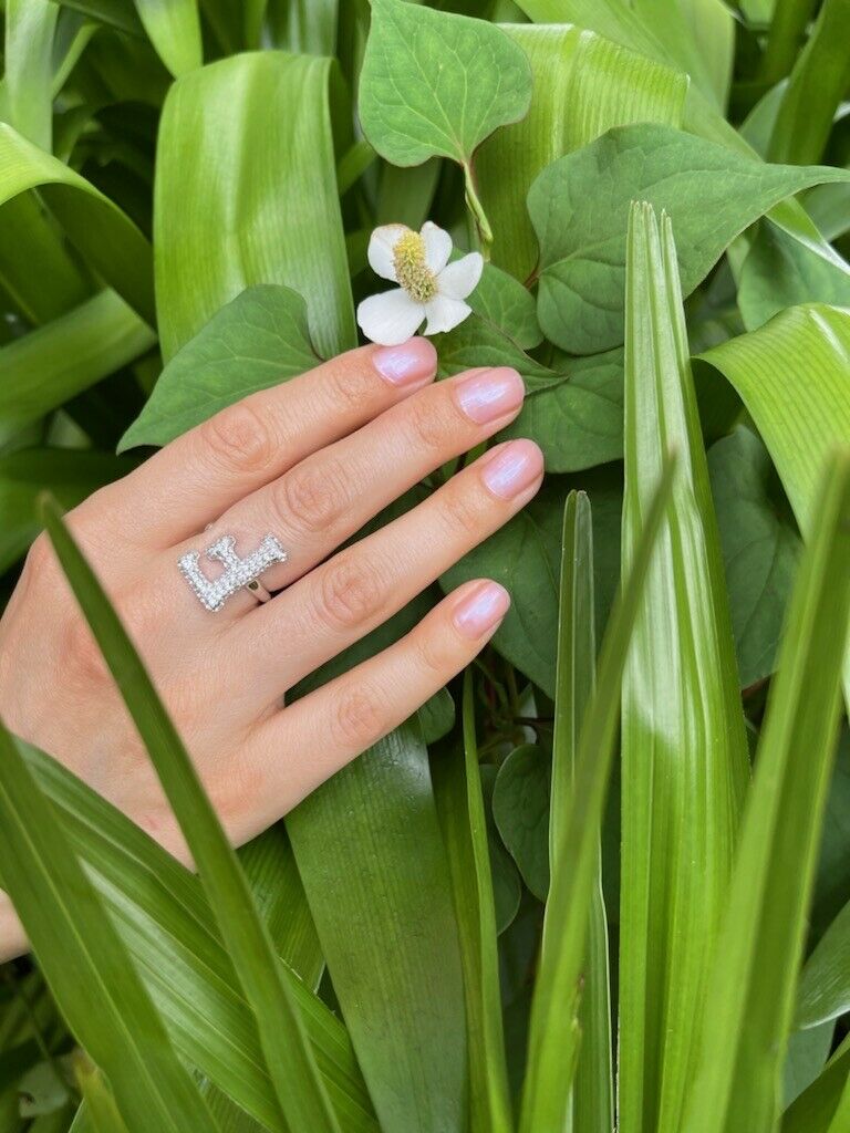 Alphabet Ring Initial F Swarovski Crystals Free Size Sterling Silver 925 Rhodium Plated