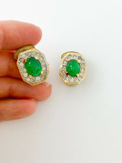 Vogue Bijoux Vintage Gold Tone Earrings Cabochon Emerald Green