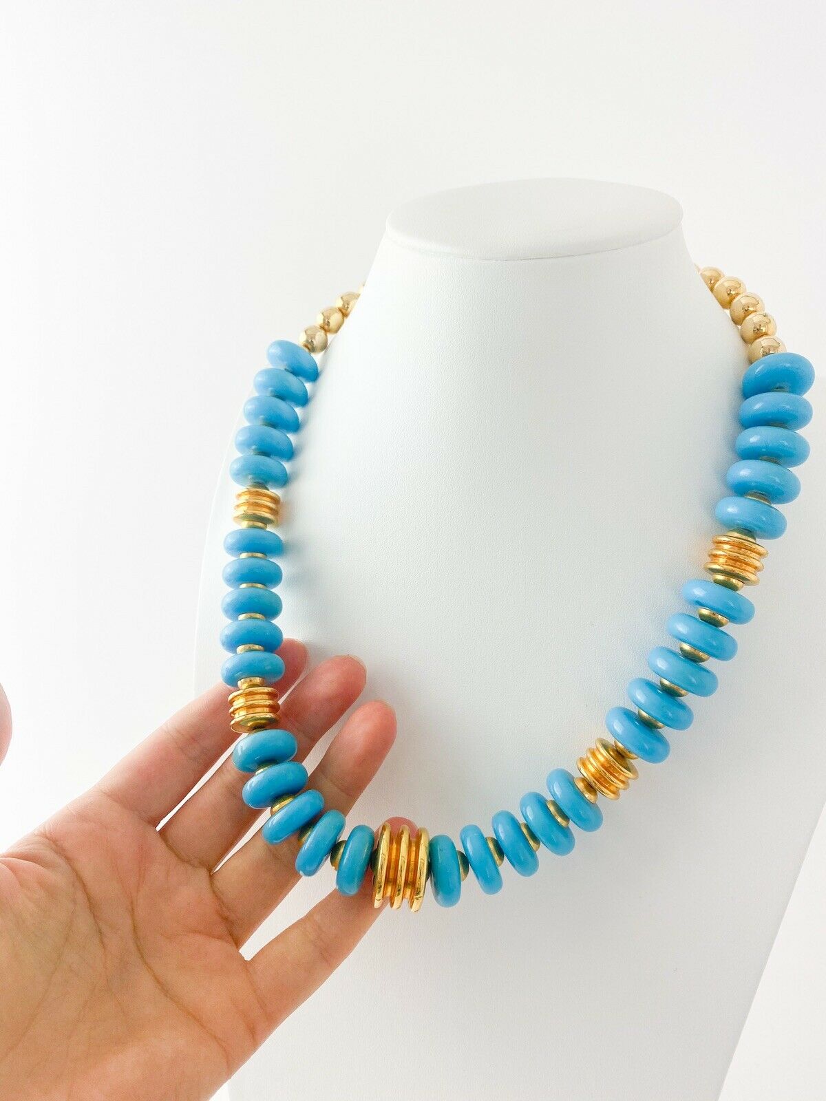 Vintage YSL Necklace, Yves Saint Laurent, Rare Jewelry, Turquoise Necklace, Gold Tone Necklace, Blue Chunky Necklace, Adjustable Length