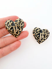 Jacques Fath Gold Tone Heart Clip-On Earrings Black JF Logo Rhinestone