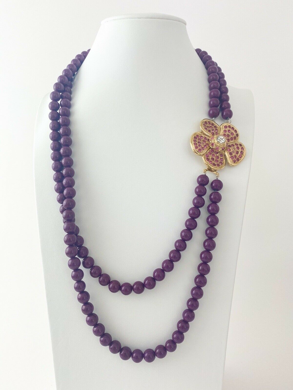 【SOLD OUT】YSL Yves Saint Laurent Vintage Gold Tone Flower Beaded Necklace Purple