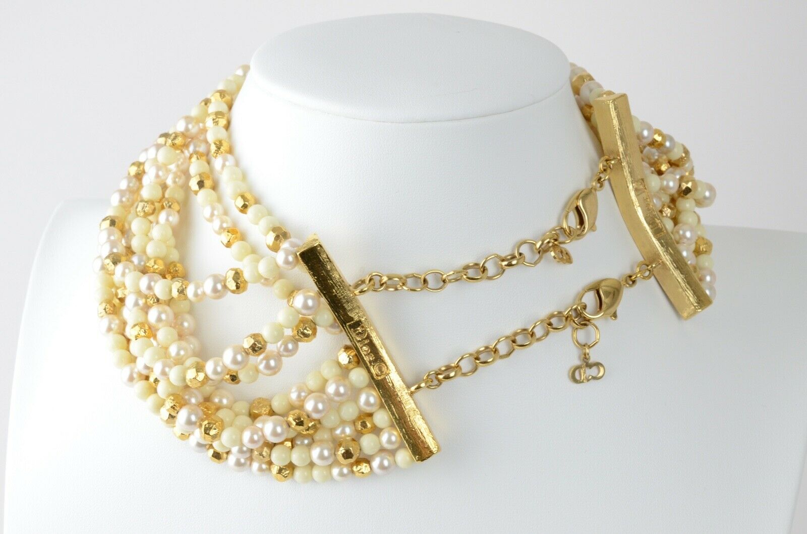 Christian Dior  poison necklace Gold Tone Bead Faux Pearl 11 Strand Choker Necklace Vintage John Galliano