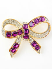 NINA RICCI Vintage Gold Tone Bow Ribbon Brooch Pin Rhinestone