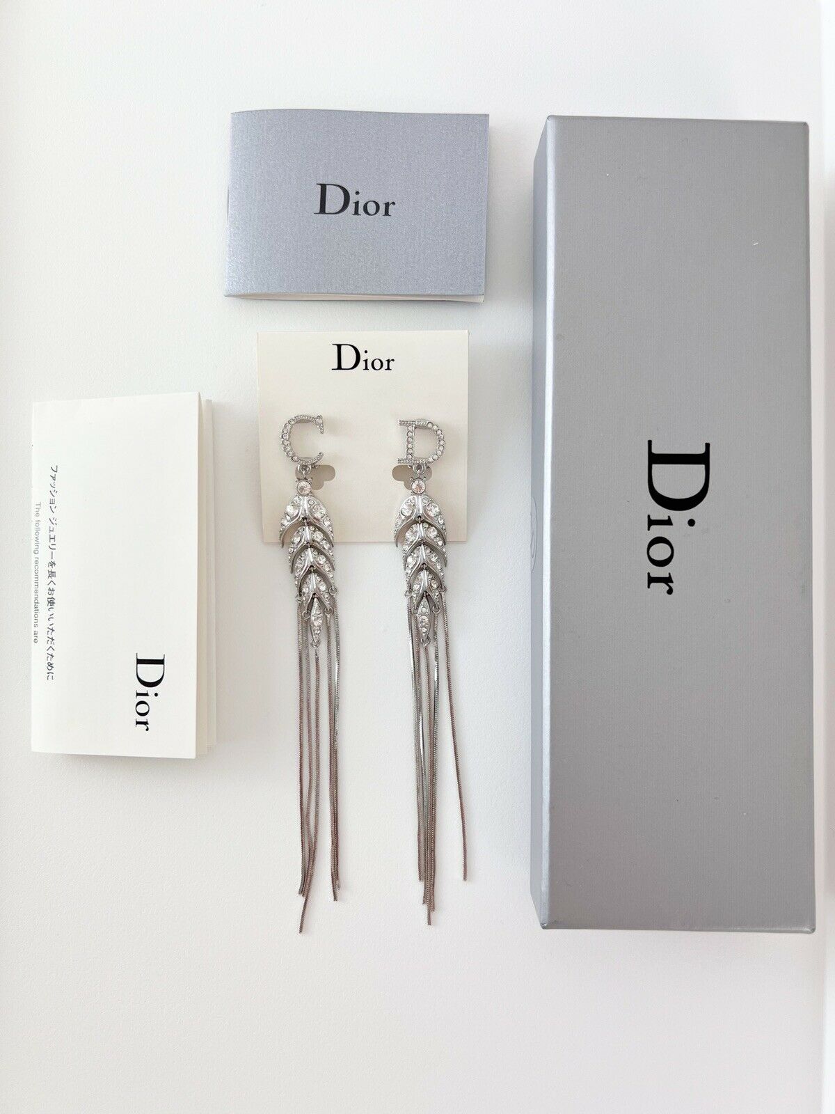 Christian Dior Silver Tone Vintage Clip-On Earrings Long Logo Rhinestones