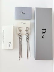 Christian Dior Silver Tone Vintage Clip-On Earrings Long Logo Rhinestones