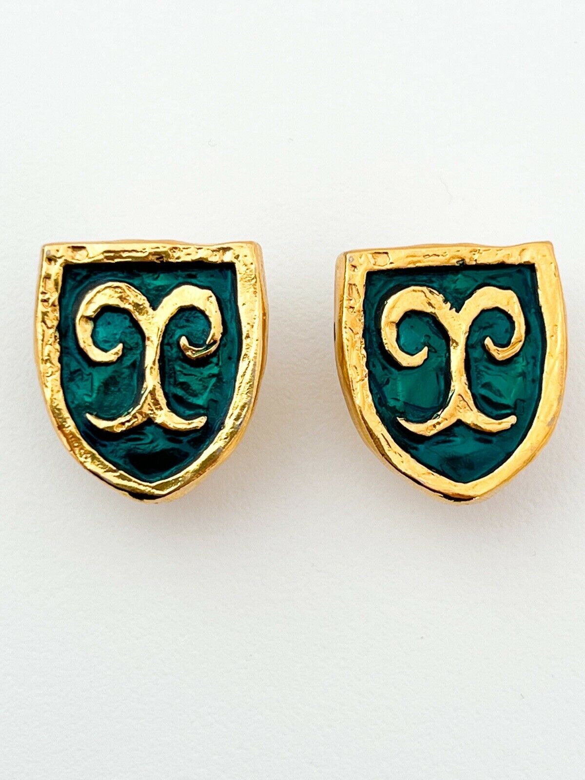YSL Yves Saint Laurent Vintage Earrings Gold Tone Clip-On Emerald Green