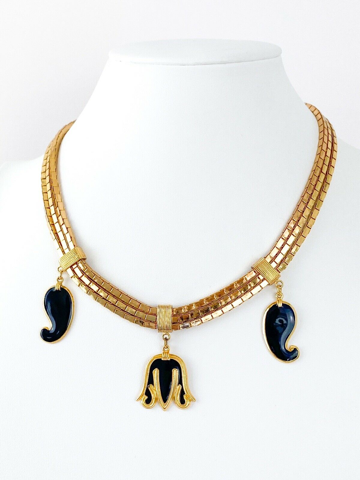 Balenciaga Paris Gold Tone Vintage Charm Necklace Black Enamel