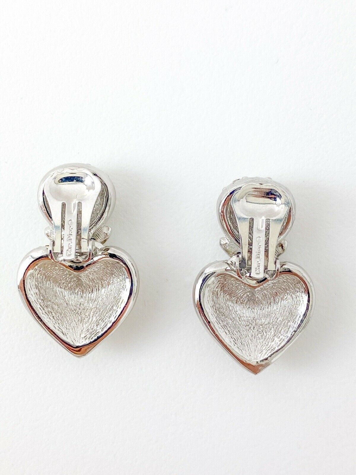Christian Dior Boutique Vintage Silver Tone Heart Drop Earrings Rhinestones