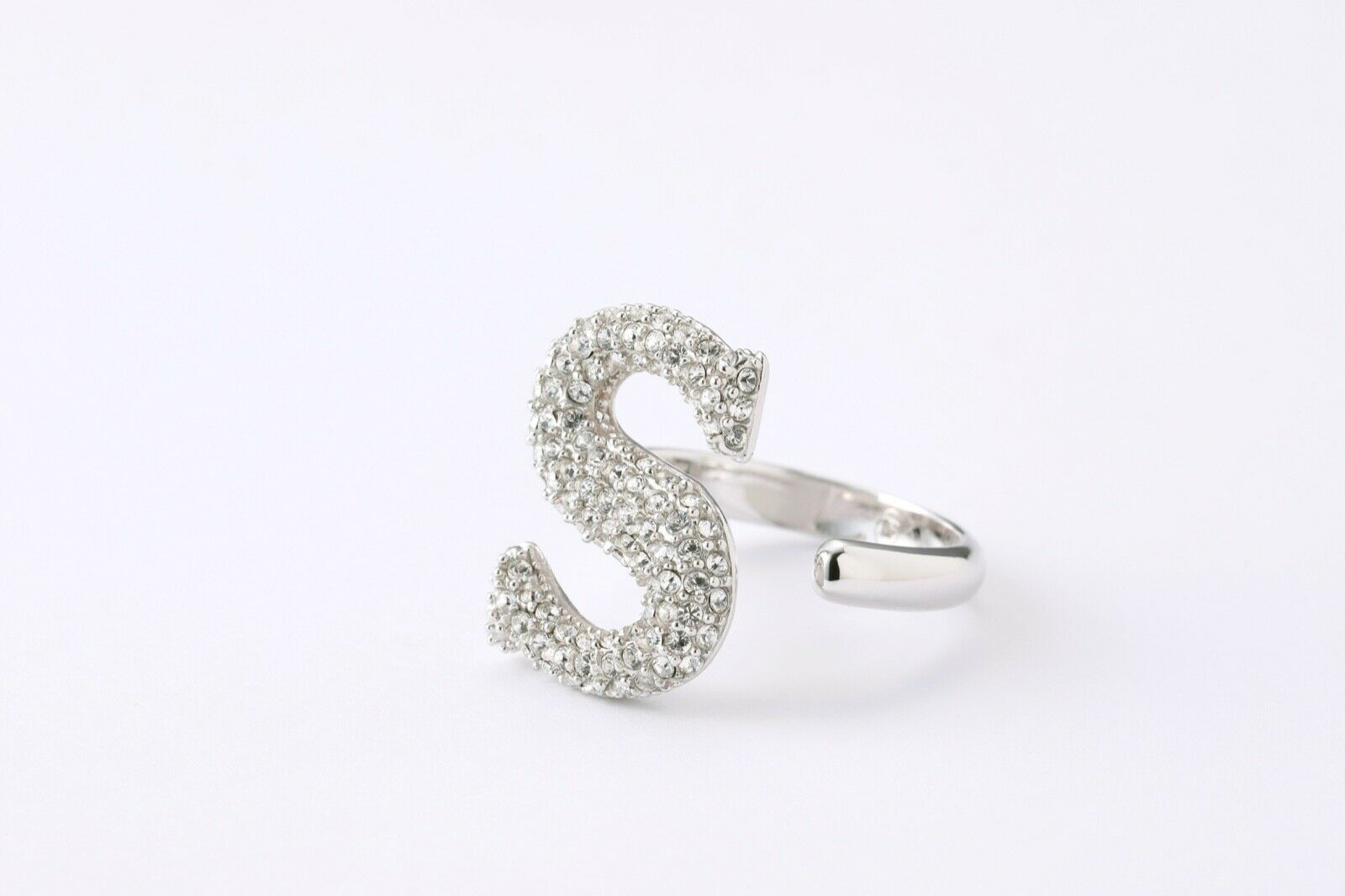 Alphabet Ring Initial S CZ Diamond (Cubic Zirconia) Free Size Sterling Silver 925 Rhodium Plated