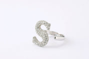 Alphabet Ring Initial S CZ Diamond (Cubic Zirconia) Free Size Sterling Silver 925 Rhodium Plated