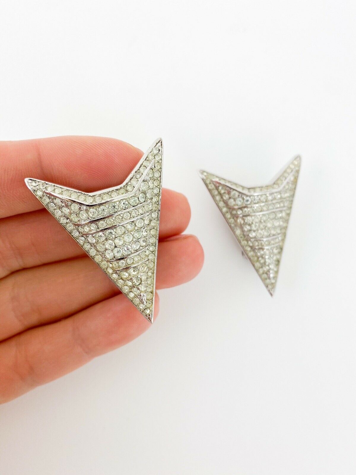 Christian Dior Germany Vintage Silver Tone Arrow Earrings Crystal Rhinestones