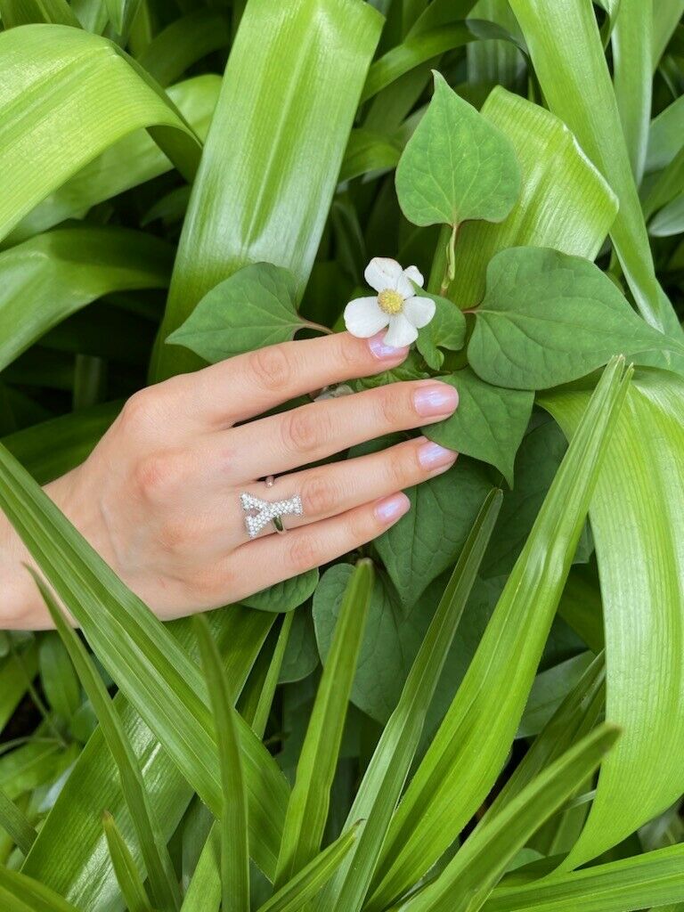 Alphabet Ring Initial Y Swarovski Crystals Free Size Sterling Silver 925 Rhodium Plated