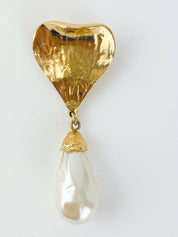【SOLD OUT】YSL Yves Saint Laurent Vintage Gold Tone Heart Drop Brooch Pin Faux Pearl