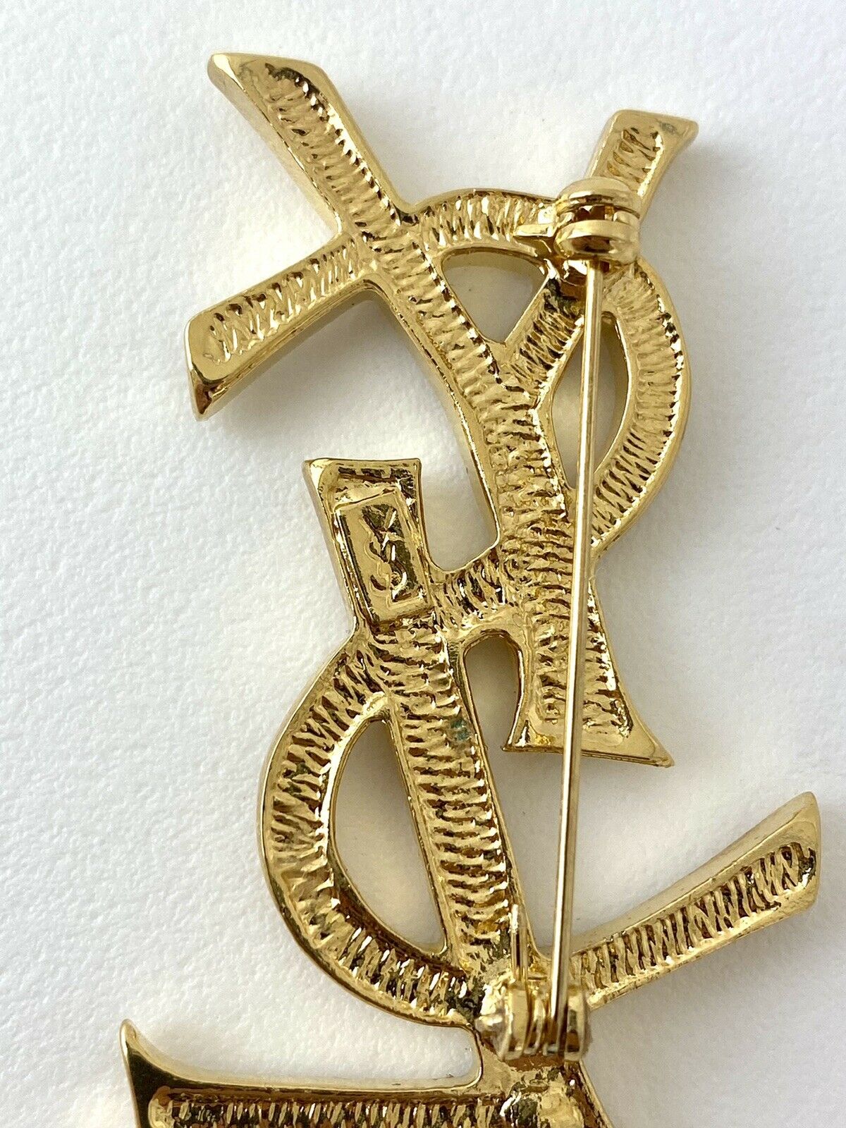 【SOLD OUT】YSL Yves Saint Laurent Vintage Gold Tone Logo Brooch Pin Rhinestones Collector Item