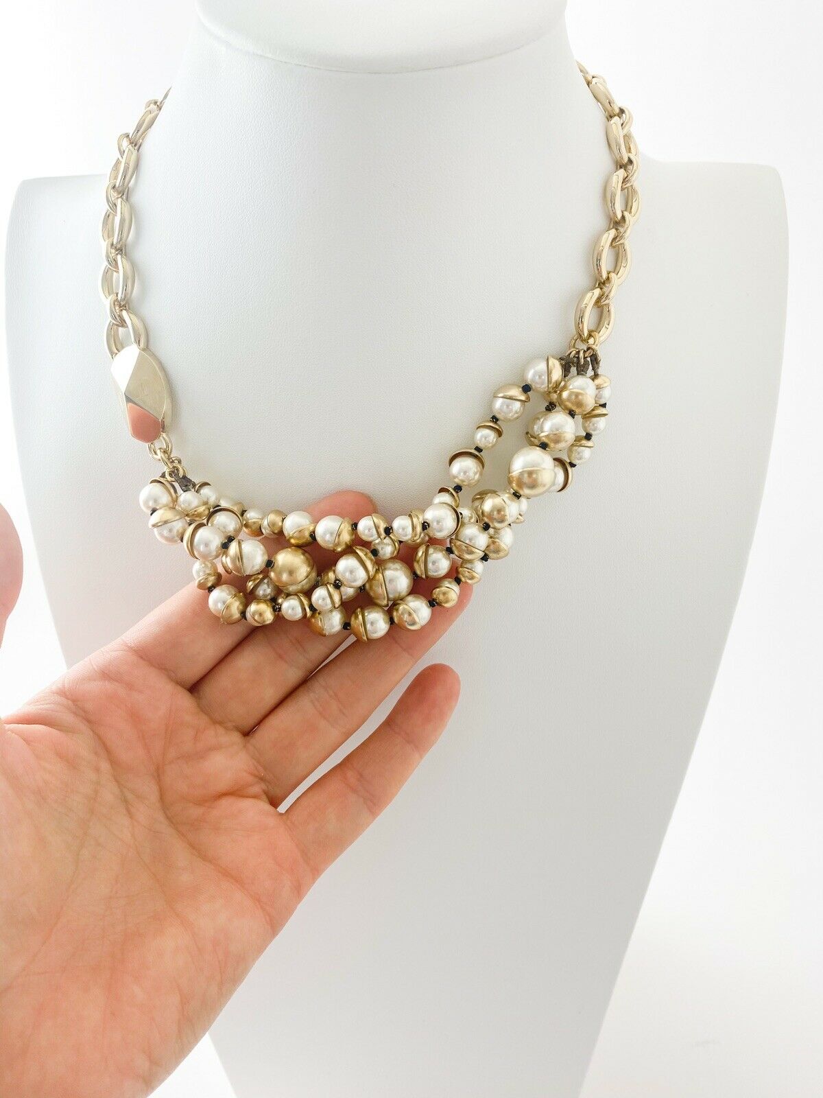 【SOLD OUT】Christian Dior Mise en Dior Vintage Gold Tone Multi-Strand Choker Necklace Faux Pearl