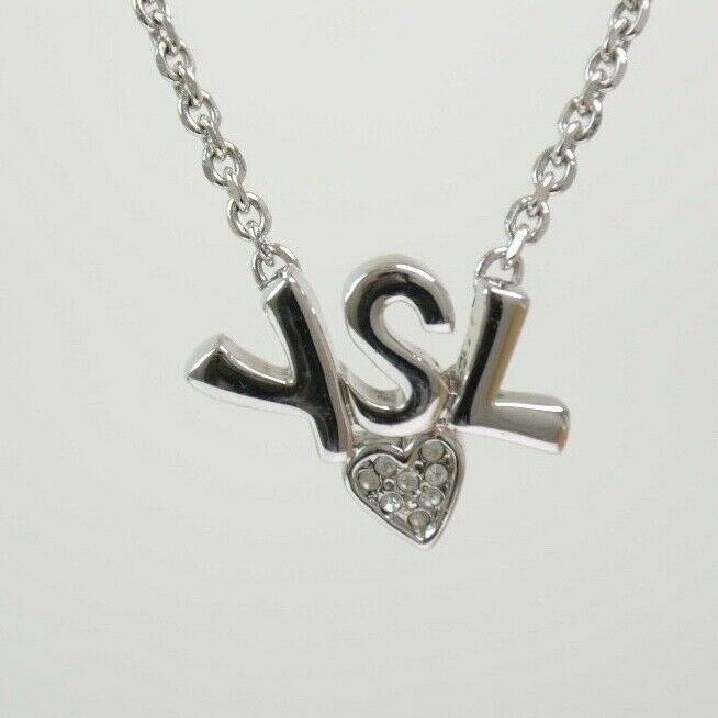 YSL Yves Saint Laurent Silver Tone Logo Heart Rhinestone Pendant Necklace Vintage